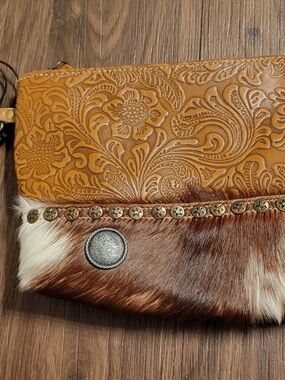 Myra western Tooled Leather & Cowhide Wristlet Clutch purse handbag cowgirl